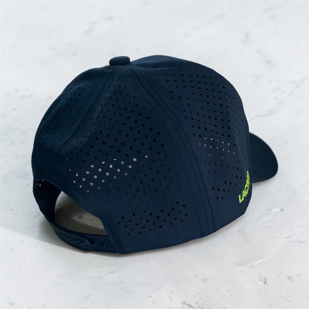 Navy LactiGo hat with perforated rear panels and adjustable snapback closure, rear view